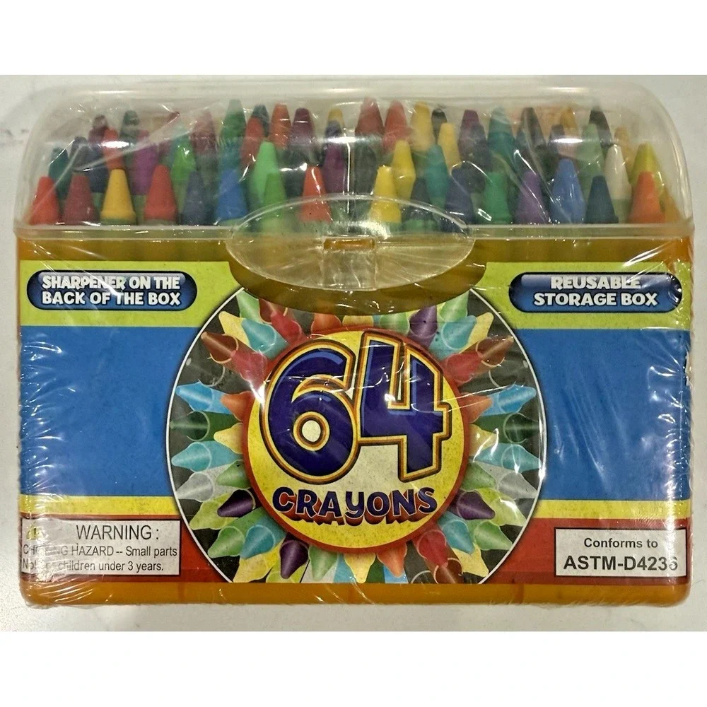64 Crayons in Plastic Storage Box w/Hinged Lid and Sharpener New Sealed